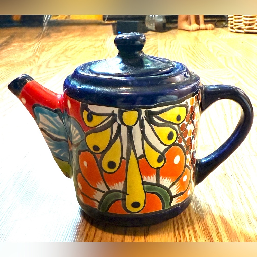 Hand-painted Mexican Talavera ceramic teapot.